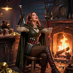 kate beckinsale weared as thief looks up, shout, with knives in bandolier and cloak cape, sit in dark fantasy tavern near fireplace, behind bar deck with bear mugs, lockpicks and pile of gold, medieval dnd, colorfull digital fantasy art, 4k