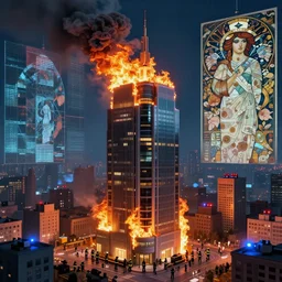 big skyscraper is on fire, lots of firefighters around the building, police lights, digital art, 4 k, high detailed, mooth, sharp focus, artgerm, alphonse mucha, photorealistic, by beksinski