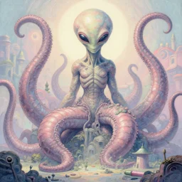 giant ancient alien tentacles artwork, pastel colors, detailed background, extremely detailed