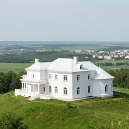 white mansion on a grass mountain, plains overlooking postsoviet city in the background