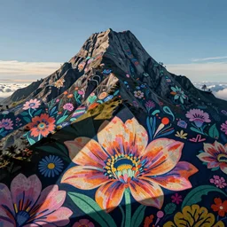 fantasy world, kinabalu peak, summer morning, very coherent and colorful high contrast, art by!!!! gediminas pranckevicius!!!! geof darrow, pastel color, volumetric lighting, cinematic, floralpunk screen printing woodblock, dark shadows, hard lighting, stippling art