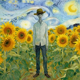 slenderman standing in a field with colorful sunflowers by Vincent van Gogh