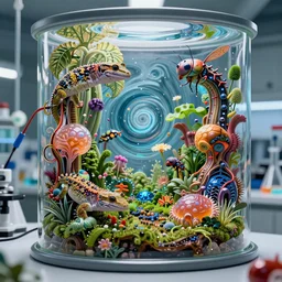 photo inside of a science lab with wired gekko, gelatinosis glass, lush layered biomechanical fauna, insectoid, flux symbiosis, gekko soles gelatin brains,, detailed chaos, artificial, vortices micro water,, octane render, by peter mohrbacher and beeple and alex grey