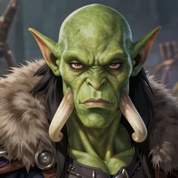 a female orc with large tusks and olive green skin | | very anime, fur armor, fine - face, pretty face, realistic shaded perfect face, fine details. anime. realistic shaded lighting poster by ilya kuvshinov, katsuhiro otomo, greg rutkowski, magali villeneuve, artgerm, jeremy lipkin and michael garmash and rob rey