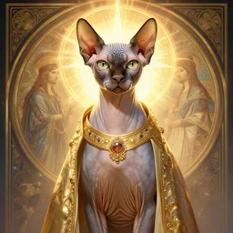 godlike sphynx cat, animal sphynx cat, anthropomorphic sphynx cat, deity, holy robes, holy light aura, ultra details, art by artgerm, dwayne barlowe, trending on artstation and greg rutkowski and alphonse mucha, 8 k