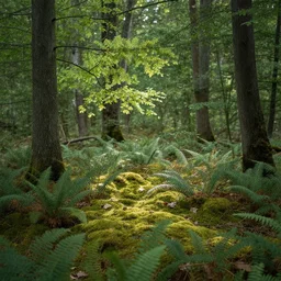 A tranquil, peaceful Forest, with a gentle breeze rustling the leaves and a soft carpet of moss and ferns