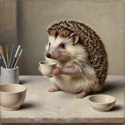 painting of a hedgehog holding a small cup on a table in a ceramic workshop, surrounded by ceramicists tools and unfinished bowls, oil painting, northern renaissance art, oil on canvas, wet - on - wet technique, realistic, intricate textures, illusionistic detail