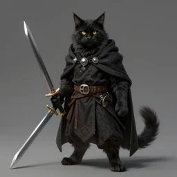 khajit tabaxi catfolk humanoid adventurer with maine coon features and black fur holding two shortswords cloaked in shadow and wearing leather armor, dungeons and dragons, pure white background, fantasy, tarot card style, half body portrait, high detail, hyper realistic