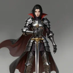 trending on artstation, holding a sword, vampire, character design, concept art, style of greg rutkowski, makoto shinkai, pretty face, forward facing, fantasy armor, highly detailed, digital art, witch, female