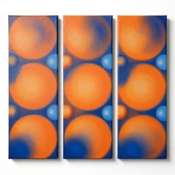 triptych canvas acrylic aerosol seamless pattern large circles and balls orange to blue gradient handicraft escher style graffity contrast of light and shadow