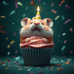 a cupcake hamster, happy birthday, party, confetti, dark green blue, happy, cinematic, realistic, unreal engine