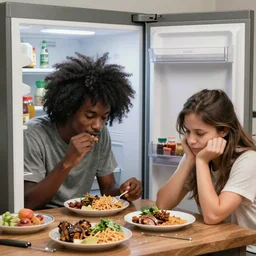 lanky black stoner with bad haircut haircut eating his wife's dinner furtively, open refrigerator and sulking silently, trending on artstation