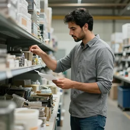 a guy in a grey shirt with long sleeves and blue jeans with black hair and no facial hair or beard in a back room of a factory looking for something