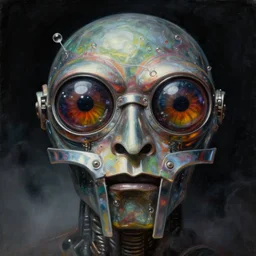 a neoclassicist close - up portrait of a big - eyed mf doom reptile eyes building, with bug eyes cloaked in metal with glowing bubbles. iridescent and reflective alien technology. foggy black background, highly detailed science fiction painting by norman rockwell, frank frazetta, syd mead and moebius. rich colors, high contrast, gloomy atmosphere, dark background.