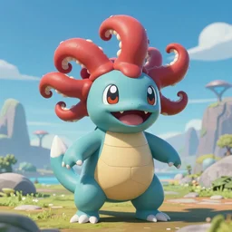 a cute beautiful stone - type pokemon with beautiful happy smile, red tentacles bursting out of his hair, full body portrait, highly detailed digital art, 3 d perspective, award - winning illustration, aesthetic, smooth, pokemon style, made by greg rutkowski, with an alien landscape in the background