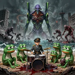 resolution 4k worlds of loss and depression made in abyss design Akihito Tsukushi design body pepe the frog multiple figures muscle meat lovecraftian war , battlefield darkness military drummer boy pepe , desolated city a bloody conflict visceral sitting by an ocean of blood the group of pepes sitting at the shore ivory dream like end of evangelion , fractals , pepe the frogs at war, art in the style of and Oleg Vdovenko and Akihito Tsukushi ,Stefan Koidl