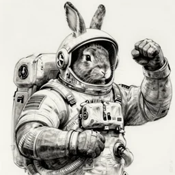 rabbit!!! jim lee!!! medium shot!! flat grayscale ink sketch by jim lee close up in the style of jim lee, depressed dramatic bicep pose, astronaut spacesuit helmet astronaut hulk rabbit animal astronaut by jim lee