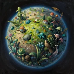 a beautiful alien planet with plants and animals. Oil painting in the style of Miyazaki.