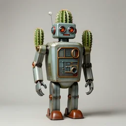 1950s retro cactus robot, Bionic Arms and eyes. muted colours. by Jean-Baptiste Monge, wide shot