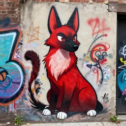 photo [ far ], subject [ furry _ fandom _ fursona _ original _ character ( red - black _ palette, anubis _ weasel - ferret - stoat ) ], medium [ graffiti, wall ], location [ chicago ( alley ) ]