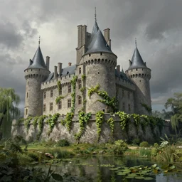 wide - shot of high grey medieval castle in the middle of plateau!!!, crawling grape vines!!! on the stone wall, pond with water lilies!!!, linden trees, highly detailed, ominous, digital art, masterpiece, matte painting, sharp focus, matte painting, by isaac levitan and asher brown durand,