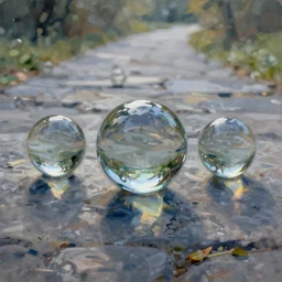 painting of glass spheres :. 5 0, ior : 1. 2 fresnel :. 2 5, on a stone road : 1, curver :. 1 0 hyper realistic, 8 k, vray, octane, soft light :. 2 0