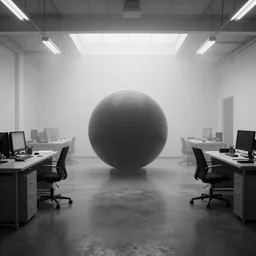 photo of black orb in fog in the empty office, black & white by annie leibovitz