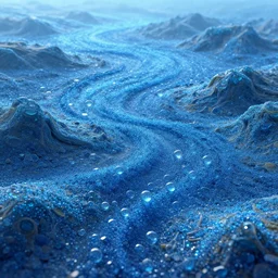 strange alien landscape, ocean of blue glass, strange, alien - style, glass particles, realistic, detailled, landscape, depth of field, realistic, blue particles, ocean, glass, strange.