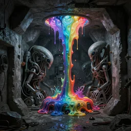 super realistic rendering of dark disturbing concrete bunker with alien mechanisms inside, very bright colours with mystical fluid, ultra detailed, made by alexandre benois