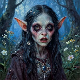 a pretty but sinister and creepy goblin in layers of fear, with haunted eyes, violence in her eyes, 1 9 7 0 s, seventies, delicate embellishments, a little blood, woodland, blue dawn light shining on wildflowers, painterly, offset printing technique, by walter popp
