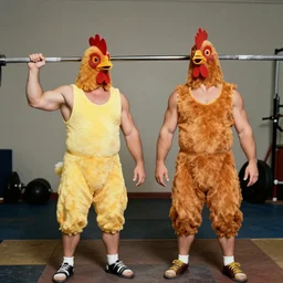 vintage photo of 2 powerlifters wearing sleeveless chicken suits. - g