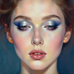 a close up portrait of a woman wearing glittering sparkly makeup. painting by artgerm and greg rutkowski and alphonse mucha