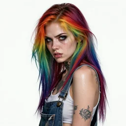 realistic attractive grungy woman with rainbow hair, drunk, angry, soft eyes and narrow chin, dainty figure, long hair straight down, torn overalls, basic white background, side boob, tattooed, pierced, lip bite, wet shirt, wet, raining, highly detailed face, realistic face, beautiful detailed eyes, fantasy art, in the style of greg rutkowski, illustration, epic, fantasy, intricate, hyper detailed, artstation, concept art, smooth, sharp focus, ray tracing, vibrant,