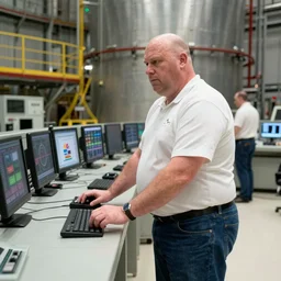 movie heavyset bald man wearing a white shortsleeved shirt and blue jeans working in a nuclear silo control room by Roger Deakins