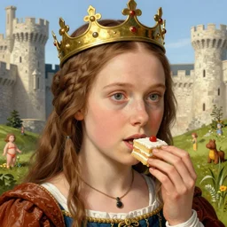 closeup medieval jan van eyck face portrait of tin toy greta thunberg as a fairytale princess wearing a crown eating cakes in the castle, bikini, hyper realistic, artstation, illustration, nicoletta ceccoli, mark ryden, lostfish, max fleischer, digital paint, matte paint, vivid colors, bright, cheerful, detailed and intricate environment