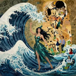a sea witch summoning a giant wave by dan mumford and gustav klimt and john harris and jean delville and victo ngai and josan gonzalez, highly detailed, photorealism, hyperrealistic, art deco, art nouveau
