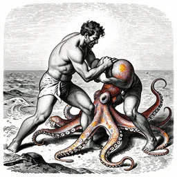 a high contrast crosshatched pen illustration of a powerful man wrestling an octopus at sea by Gustave Doré, colorful Ben Day dots