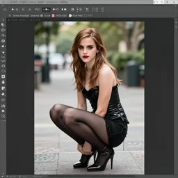 Emma Watson for Victorian Secret as goth, squatting pose, full length shot, extremely detailed, XF IQ4, 50MP, 50mm, f/1.4, ISO 200, 1/160s, natural light, Adobe Lightroom, rule of thirds, symmetrical balance, depth layering, polarizing filter, Sense of Depth
