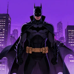 batman beyond, cyberpunk, cityscape, purple sky, artgerm, greg rutkowski