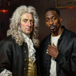 a realistic neoclassical portrait of sir isaac newton and tupac shakur, chillin at the club together, oil on canvas, brilliant detail, exquisite