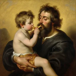 a huge son holds his little bearded father saturn in his arms to eat him, details, artistic composition, golden ratio, soft light, warm colors, painting, artist's painting, beautifully drawn, depth of field, painting by francisco goya