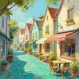 street of teal stone, sunlight and whimsical houses, cafe tables, painting by james gurney