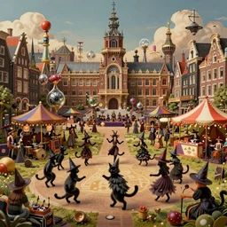 A bustling magical town, witches and black cats are dancing around a colorful music festival, the large academy of magic and science can be seen towering in the distance, inspired by Victorian England and Amsterdam, highly detailed, matte painting, octane render, 8k, unreal engine