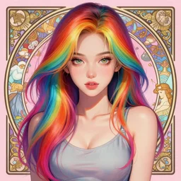 portrait of beautiful symmetrical anime girl, rainbow hair, attractive, casual, modern, victoria's secret, highly detailed, digital painting, artstation, concept art, smooth, sharp focus, illustration, art by artgerm, greg rutkowski and alphonse mucha, 8 k,