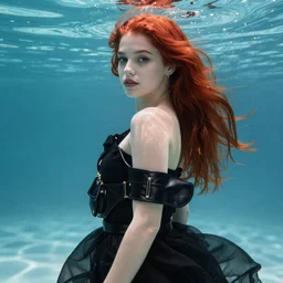 portrait of a girl with long red hair in a black dress, under water, very beautiful style, girl wrapped in leather salwar bag black, photorealism edgard maxence, morandi,