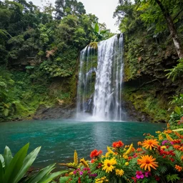 beautiful stunning rainforest landscape with lake and waterfall and colorful flowers 4k hdr photography