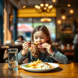food photography of a girl eating at a restaurant, taken with canon eos - 1 d x mark iii, bokeh, sunlight, studio 4 k