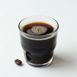 coffee on a black glass with a coffee seed finishing on the white table, unreal 5, hyperrealistic, realistic, photorealistic, dynamic lighting, highly detailed, cinematic landscape, studio landscape, studio lighting