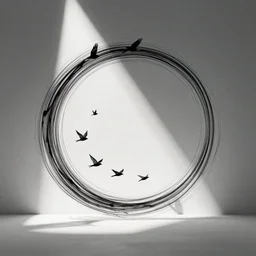 a minimalist stylised design of birds fying in a spiral, representing liberty, ink, line art, calligraphy