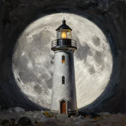 oil painting of little lighthouse on the moon